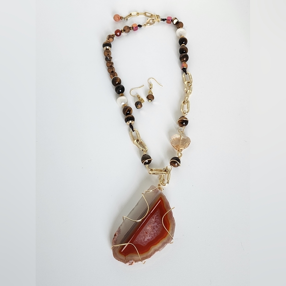 Tiger eye Beaded And Big Agate  Necklace Set